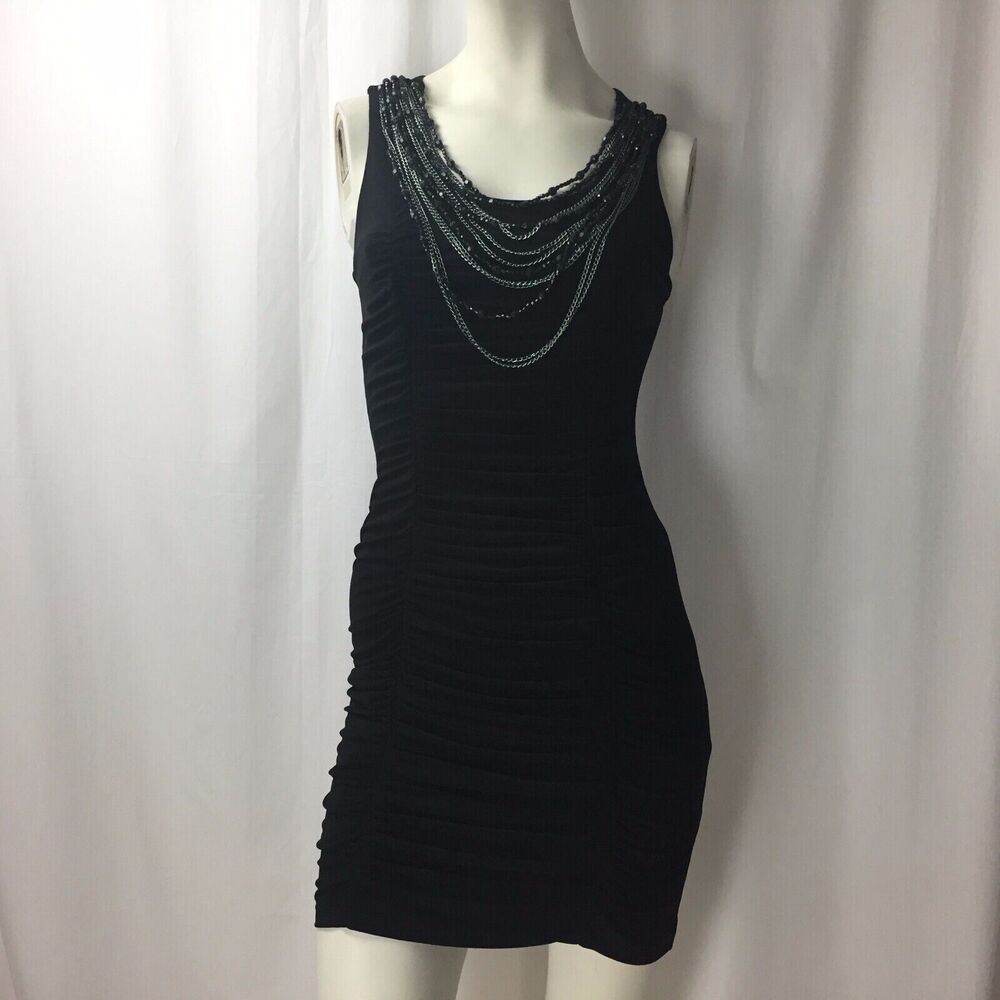 CACHE Sleeveless Black Ruched Bodycon Dress w/ Beautiful Neckpiece Sz S